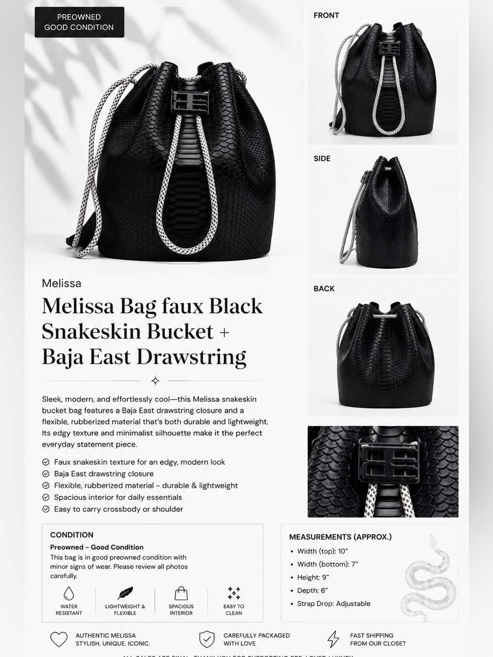 Melissa Bag faux Black Snakeskin Bucket + Baja East Drawstring